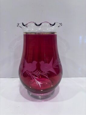 Vintage handcrafted Canadian cranberry glass vase etched birds ruffled rim gold